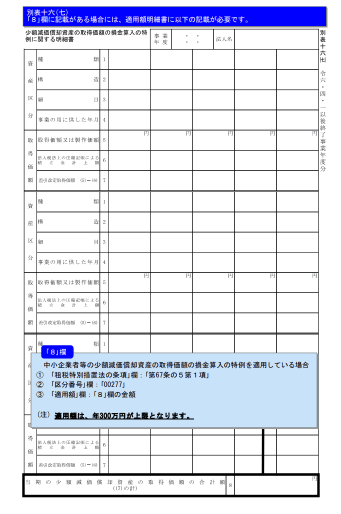 少額減価償却資産の取得価額の損金算入の特例に関する明細書