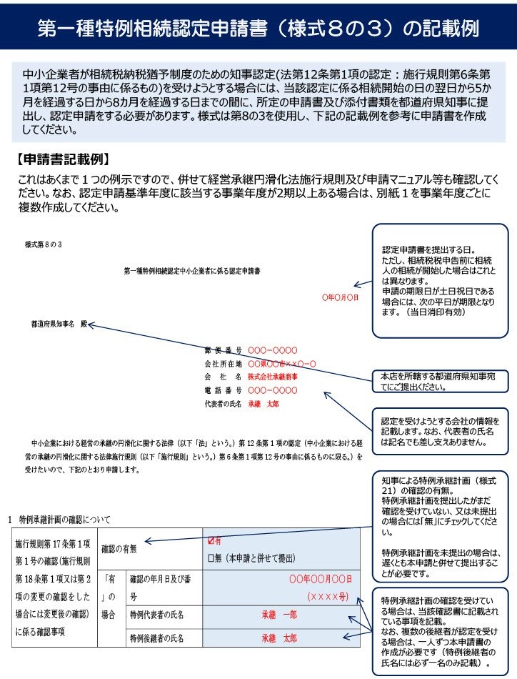 第一種特例相続認定申請書（様式８の３）の記載例