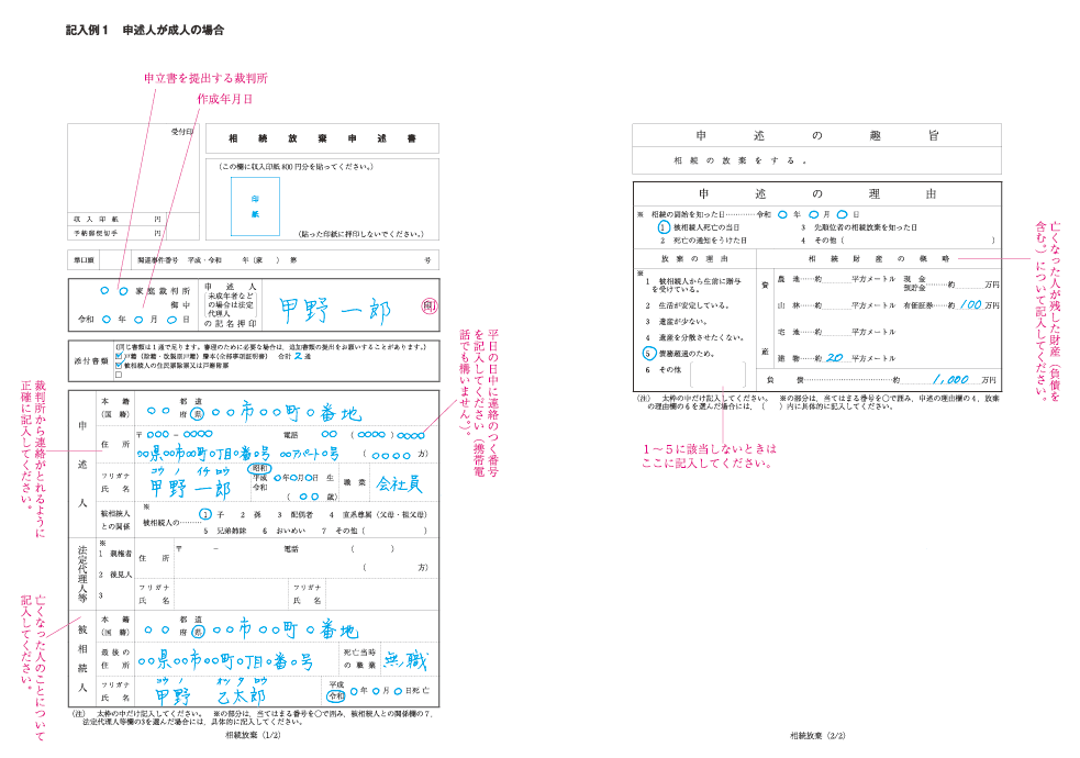 相続の放棄の申述書(成人)　記入例